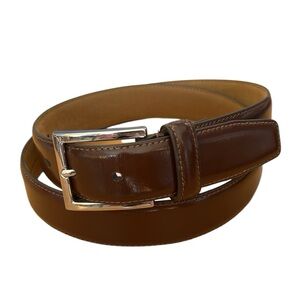 Cole Hahn Dress Belt Brown Patent 36/90 Leather Upper Silver Buckle 1-1/4” Wide